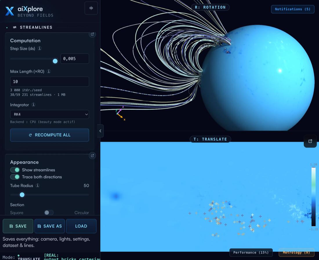 aiXplore interface — 3D magnetic streamlines over a solar surface with computation controls