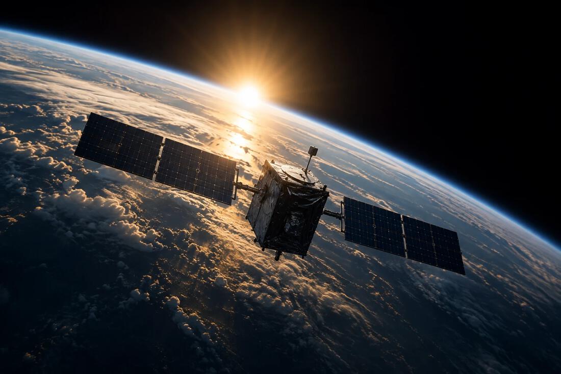 Satellite in low orbit at sunrise over Earth